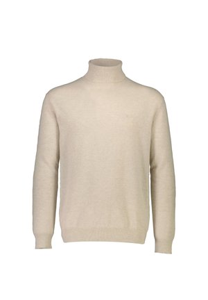 Beige turtleneck sweater lavet af blødt, let materiale. Har lange ærmer, ribbede manchetter og et enkelt, klassisk design.