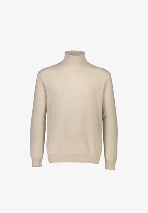 Jersey de cuello alto beige hecho de material suave y ligero. Presenta mangas largas, puños acanalados y un diseño simple y clásico.