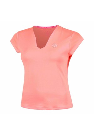 Korallenrosa kurzärmeliges Damen-Sportshirt mit V-Ausschnitt und kleinem weißem rundem Logo auf der linken Brust.