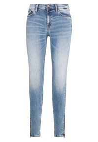 Jeans skinny de mezclilla azul claro con un acabado descolorido, diseño clásico de cinco bolsillos y detalles con cremallera en los tobillos.