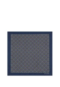 Fazzoletto da taschino quadrato in seta blu navy con un motivo circolare ripetitivo in verde, rosso e blu, con un logo nell'angolo in basso.