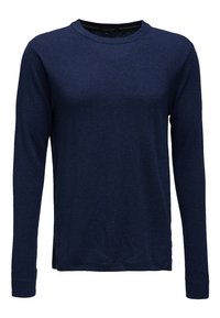 Granatowa koszulka z długim rękawem i okrągłym dekoltem, wykonana z miękkiego materiału o gładkiej fakturze, z dopasowanymi mankietami i prostym dołem.