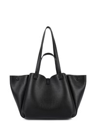 Sac fourre-tout en cuir noir texturé avec double bandoulière et bords doux et arrondis sur un fond blanc.