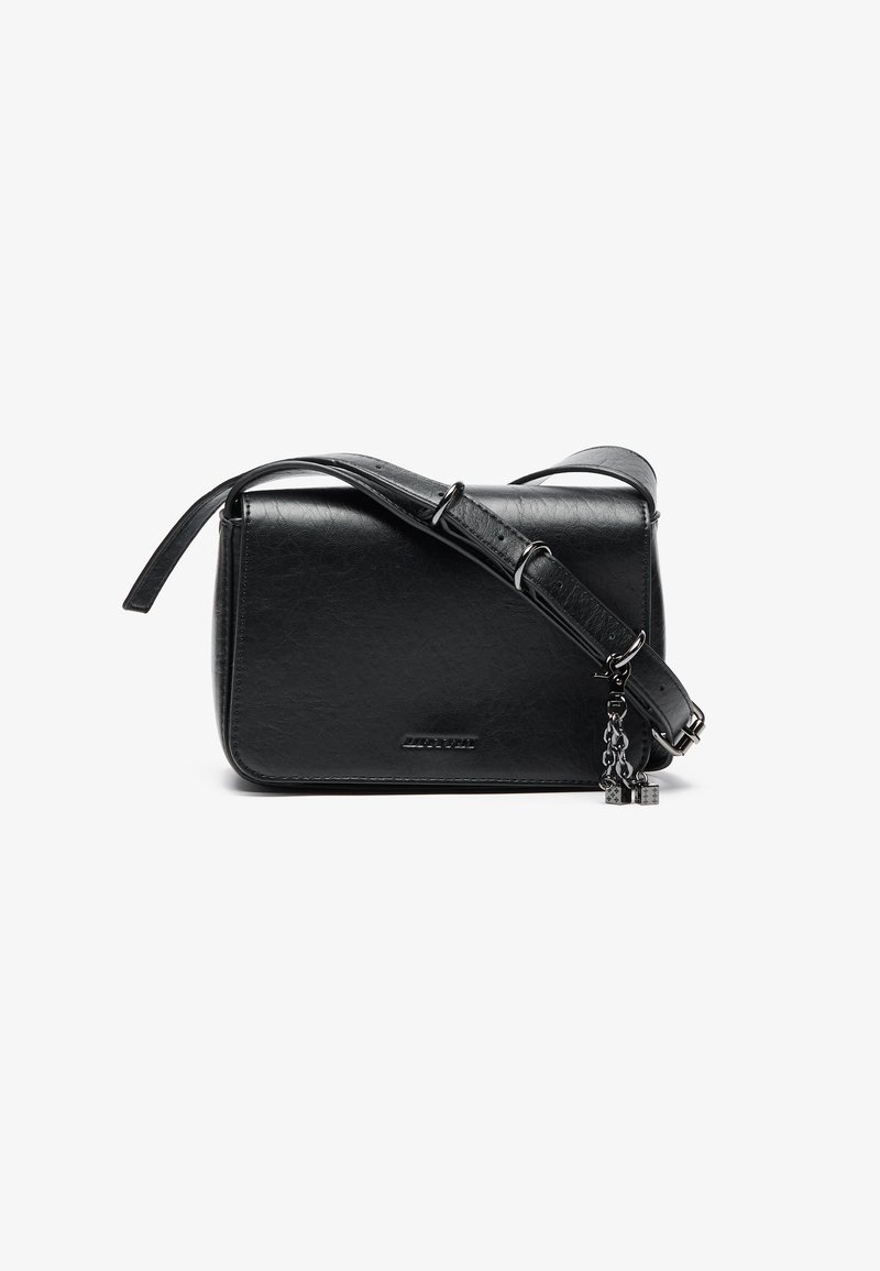 Black crossbody bag made of textured material, featuring a long strap and a small decorative chain. Simple and elegant design.