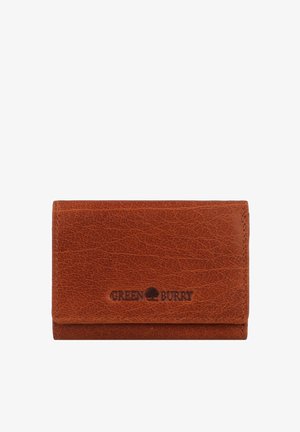 Portefeuille en cuir marron avec une surface texturée, présentant un logo en relief subtil et un design plié pour un rangement compact.