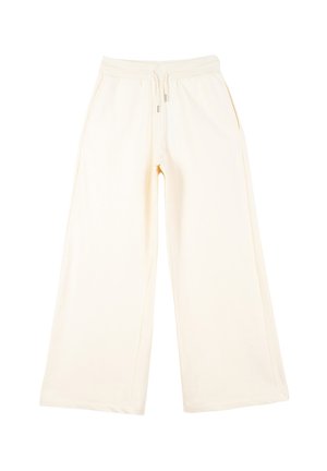 Kremowe spodnie o szerokich nogawkach z elastycznym pasem i sznurkiem do regulacji, wyposażone w boczne kieszenie i luźny krój.