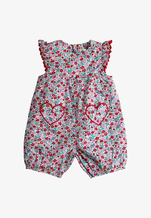 Gėlėtas rožinis, raudonas ir žalias kombinezonas su raukšlėtomis rankovėmis. Yra kišenės širdies formos su raudonu siuvinėjimu ir surinktomis kojomis. Lengvas audinys.