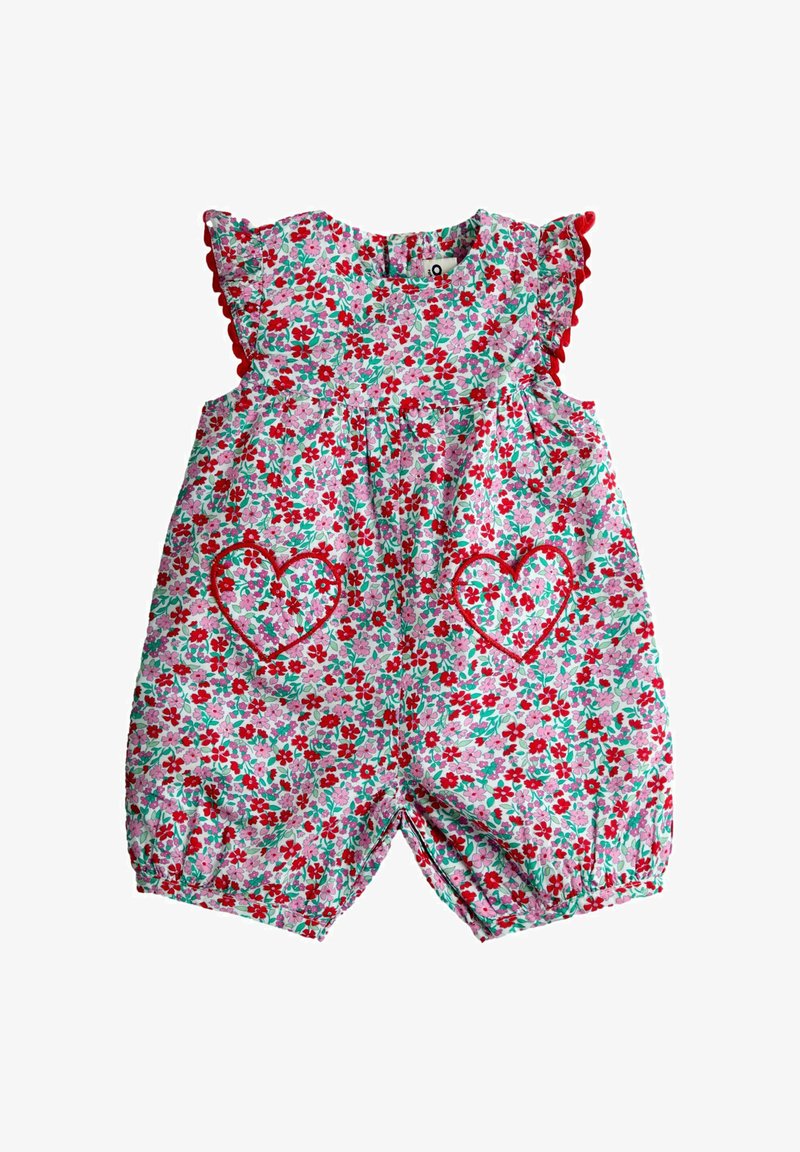 Lilleline kombinesoon roosas, punases ja rohelises, volangidega varrukatega. Südamekujulised taskud punase tikandiga ja kogutud sääreosad. Kerge kangas.