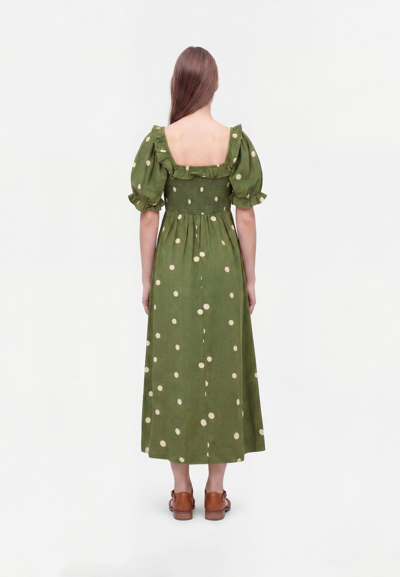 a new day green polka dot dress Look PUFF SLEEVE SHIRRED MIDI - dress - pattern/mottled green court train
