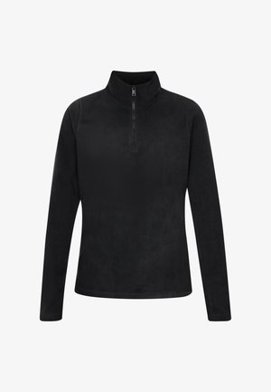 Black fleece pullover with a high collar, zip closure, long sleeves, and a smooth texture, designed for warmth and comfort.