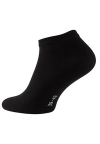 Calzino nero alla caviglia realizzato in tessuto morbido con bordatura a coste; presenta un design senza cuciture e marcature di taglia sul lato.