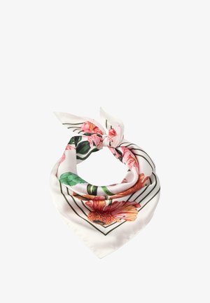 Kvadratisk silkeslørdrup med et blomsterdesign i pink og orange, med grønne blade og en sort geometrisk kant. Blød tekstur og skinnende overflade.