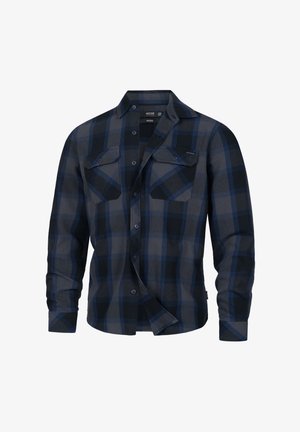 Chemise à manches longues à carreaux bleu marine et gris avec un devant boutonné, deux poches poitrine et un col. Fabriquée à partir d'un tissu doux et texturé.