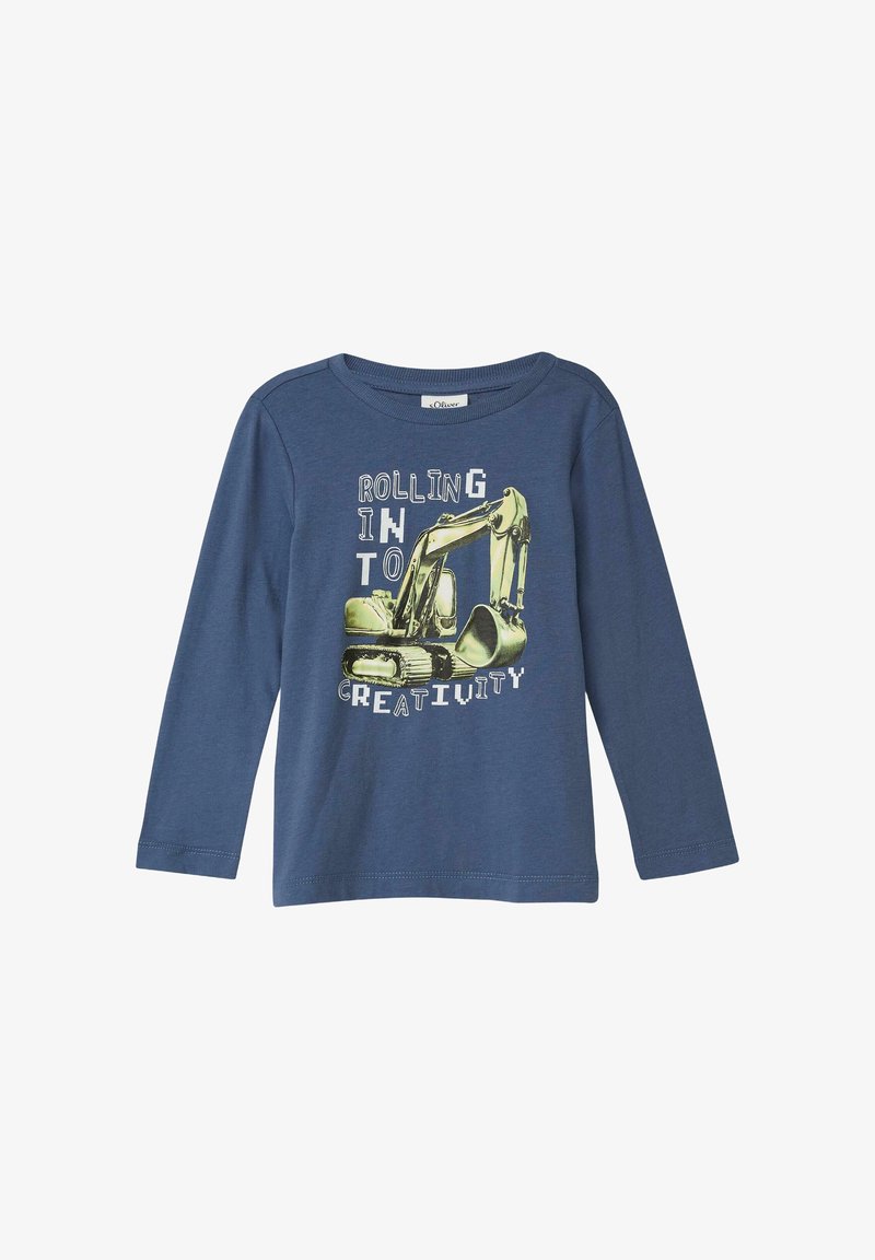 T-shirt bleu à manches longues en coton, présentant un graphisme d'une pelleteuse jaune avec le texte "ROLLING IN TO CREATIVITY".