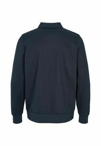 Pull bleu marine foncé à manches longues avec col, poignets côtelés et ourlet côtelé, vu de dos sur fond blanc.