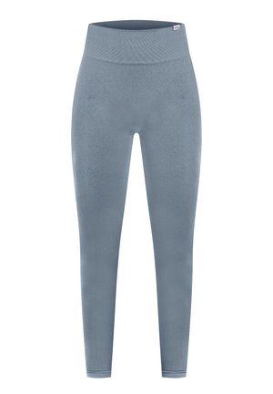 Leggings azzurri chiari realizzati in tessuto elasticizzato, caratterizzati da una fascia in vita ampia e a coste e una texture liscia lungo le gambe.