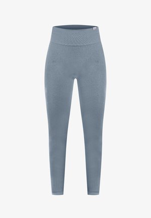 Leggings azzurri chiari realizzati in tessuto elasticizzato, caratterizzati da una fascia in vita ampia e a coste e una texture liscia lungo le gambe.