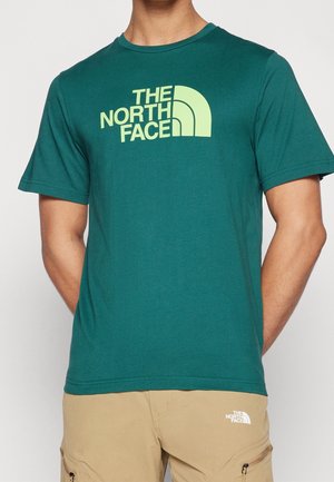 Homme portant un t-shirt vert The North Face et un short beige avec le logo The North Face sur la poche de la cuisse gauche.