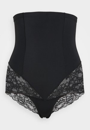 Sort body shaper med et glat overdel og en blondekant nederst, som kombinerer ensfarvede og mønstrede teksturer. Blonden har blomsterdesign accenter.