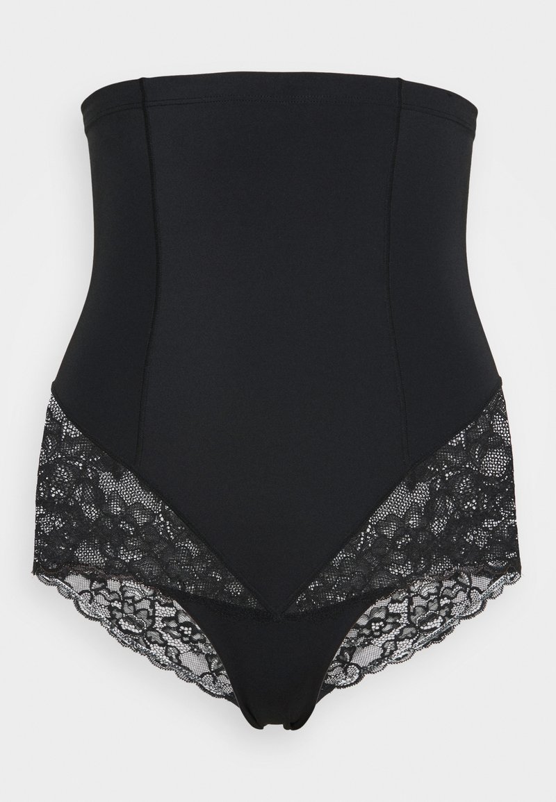 Black body shaper featuring a smooth upper with a lace trim on the lower part, combining solid and patterned textures. Lace has floral design accents.