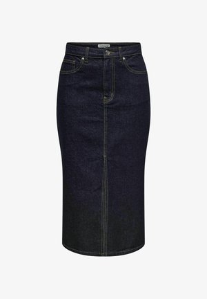 Donkerdenim kokerrok met gele stiksels, een aansluitend ontwerp, voorzakken en een split aan de achterkant voor bewegingsgemak.