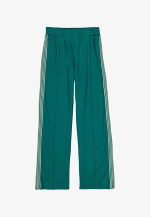 Teal sportbroek met witte verticale strepen langs de zijkanten, elastische tailleband en een relaxte pasvorm, plat neergelegd op een witte achtergrond.