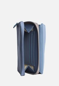 Compact blue leather wallet with a zip closure, interior card slots, and a contrasting textured accent. Features a smooth texture.