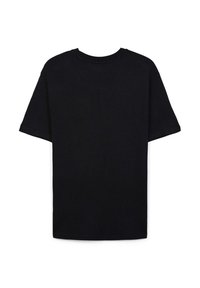 T-shirt nero a maniche corte con trama a waffle, steso piatto, che mostra il tessuto testurizzato e il colletto girocollo su uno sfondo bianco.