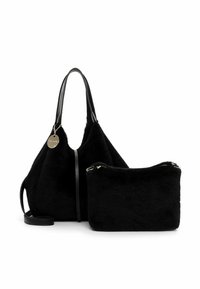 Black faux fur handbag with a central seam, leather handles, and a detachable zippered pouch. Features a circular metal tag.