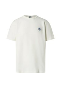 T-shirt bianco in cotone con collo rotondo e maniche corte. Presenta un piccolo logo circolare blu sulla parte sinistra del petto.