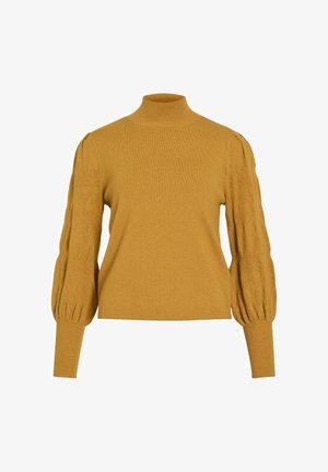 Hořčicově žlutý svetr s dlouhým rukávem, vysokým výstřihem, texturovanými balónovými rukávy a přiléhavými vroubkovanými manžetami.