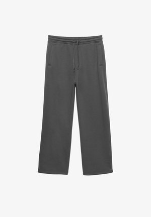 Pantalons de survêtement larges gris foncé avec une taille élastique, un cordon de serrage et deux poches latérales, présentés sur un fond blanc.