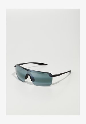 Black-framed sunglasses with large, curved, green-tinted lenses. Features rubber nose pads and thin, sleek temples for comfort.