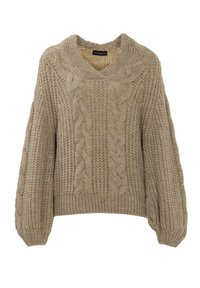 Maglione beige chunky con motivi a trecce, polsini a coste e colletto ampio a V, esposto su uno sfondo bianco.