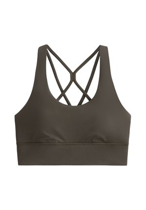 Dark green sports bra with wide straps and crisscross back design. Made from smooth fabric with a gathered front seam.