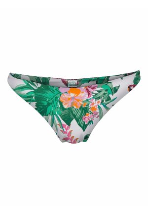 Parte inferiore di bikini floreale bianco, con foglie verdi vivaci e fiori rosa-arancio. Realizzata in tessuto morbido e leggero con un taglio classico.