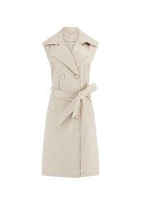 Gilet trench beige realizzato in tessuto liscio, con un frontale doppiopetto, ampi risvolti, tasche laterali e cintura da annodare in vita.