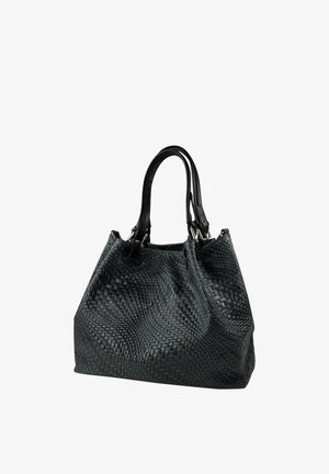 Woven black leather tote bag with two sturdy handles, features a textured surface and a spacious, structured shape.