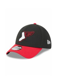 Schwarze und rote Baseballkappe mit einem weißen Flügelsocken-Logo auf der Vorderseite und einem New Era-Logo auf der Seite gestickt.