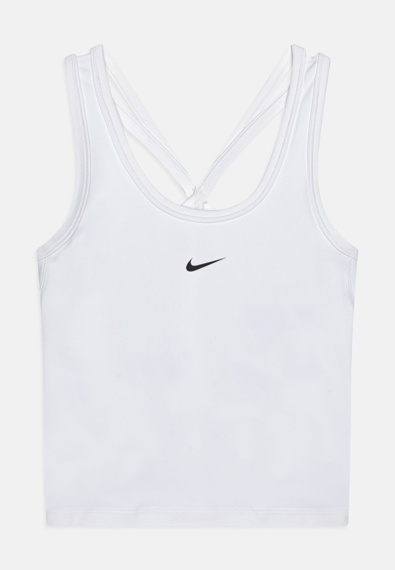 Bijela atletska potkošulja s crnim Nike logotipom, s okruglim izrezom i ukriženim naramenicama na stražnjoj strani. Izrađena od rastezljivog, glatkog materijala.