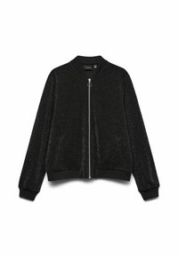 Veste aviateur noire avec une texture chatoyante, fermeture à glissière sur le devant, col et poignets côtelés, au design simple et droit.