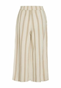 Krēmīgas platās bikses ar izteiksmīgām vertikālām brūnām svītrām, ar elastīgu jostu komfortam un gludu, mīkstu tekstūru.