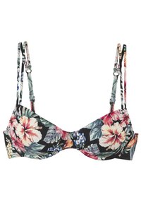Bikini topp med svart bakgrunn, med stort fargerikt blomstertrykk. Justerbare skulderstropper og støtte med undertropp med rynkede detaljer.
