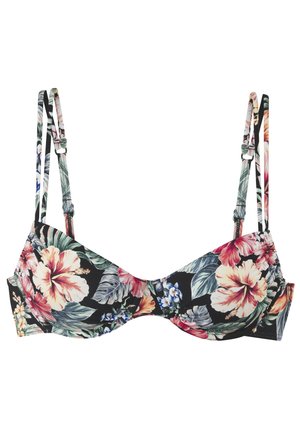 Bikini top with black background, featuring large colorful floral print. Adjustable shoulder straps and underwire support with gathered detailing.