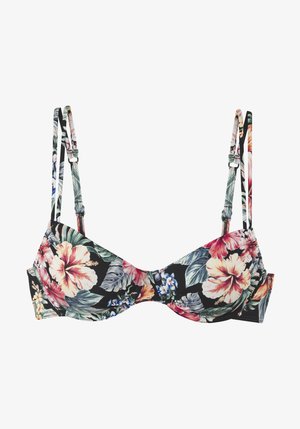 Bikini augšdaļa ar melnu fonu, akcentējot lielu krāsainu ziedu rakstu. Regulējamas plecu siksnas un apakšējo daļu atbalsts ar savilkuma detaļām.