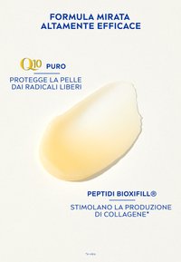 Formula per la cura della pelle trasparente con una leggera sfumatura gialla, presentata su uno sfondo bianco con testo blu in grassetto che dettaglia ingredienti chiave e benefici.