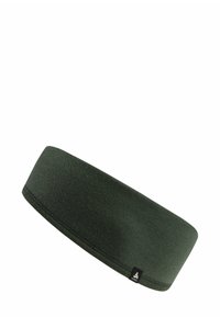 Bandeau en tissu vert avec une texture lisse, d'un design large et avec une petite étiquette de logo noir. Adapté pour différentes tailles de tête et activités.