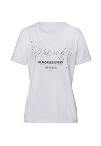 Biała bawełniana koszulka z krótkim rękawem, okrągłym dekoltem i nadrukiem "Tworzenie Wspomnień Każdy Weekend" z ozdobnymi akcentami brokatowymi.