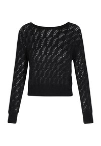 Schwarzer Strickpullover mit einem cropped Design, das ein spitzenartiges Muster zeigt, sowie gerippten Bündchen und Rundhalsausschnitt. Leichtes und strukturiertes Material.
