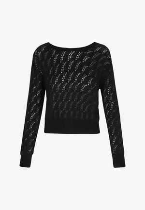 Black knitted sweater with a cropped design, featuring a lace-like pattern, ribbed cuffs, and round neckline. Lightweight and textured fabric.